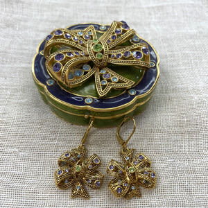 Joan Rivers Bow Jewelry Set Brooch Earrings Trinket Box Enamel Crystal Gold Tone